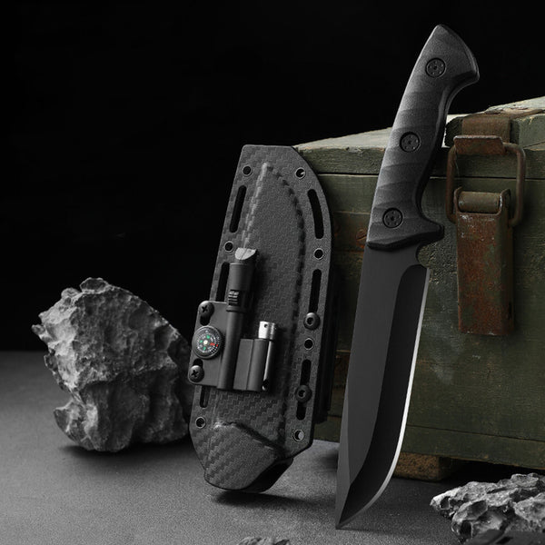 Fixed Blade Knife with Kydex Sheath, Fire Starter, Compass,Whistle,LED light Men