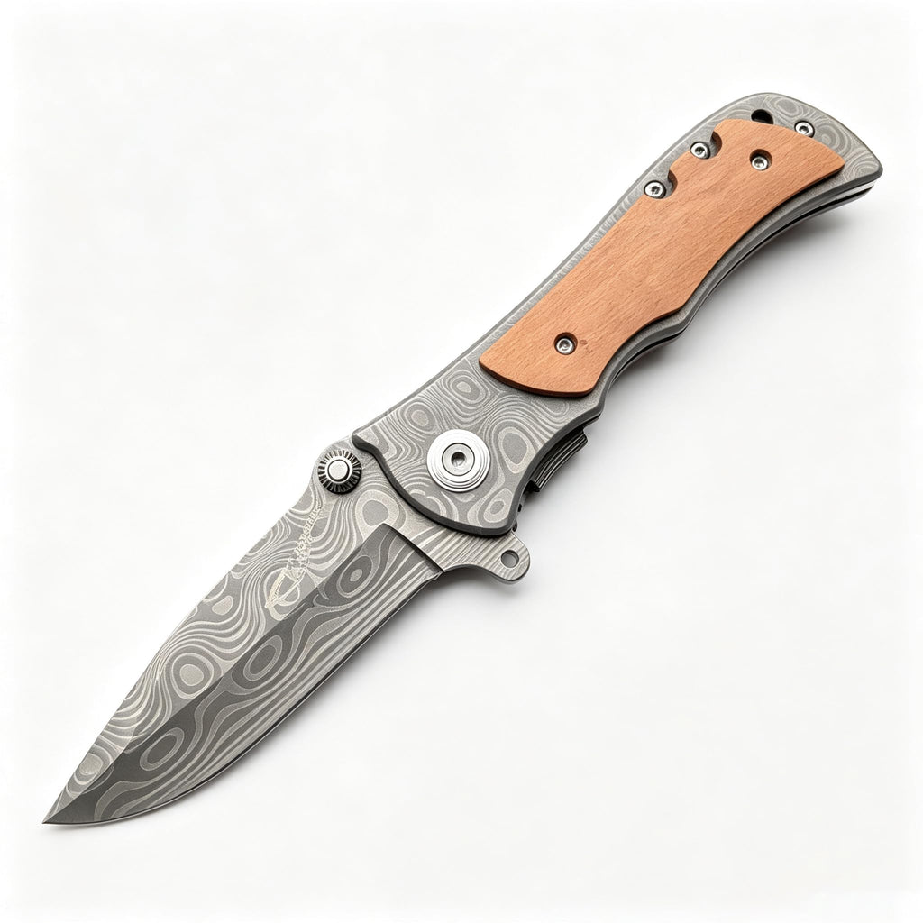 Folding Knife with Patterned Etched Blade, Premium Olive Wood Handle, Secure Storage Clip, Portable EDC Pocket Knife for Camping Hiking Daily Use
