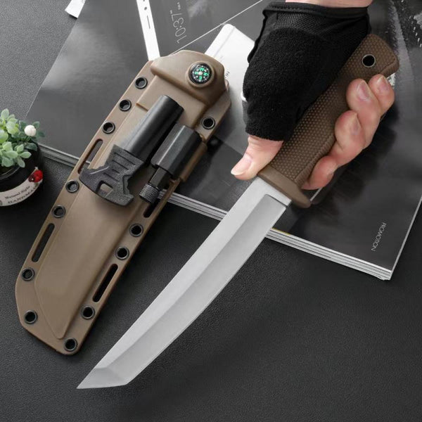13" Japanese Fixed Blade Camping Knives with Sheath, Stainless Steel Survival Bushcraft Full Tang Tanto Knife with Fire Starter, Compass, Led Light