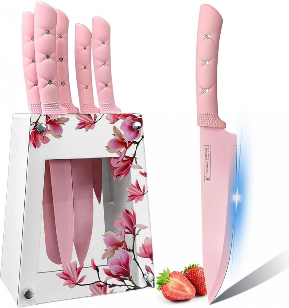 Kitchen Knife Set, Pink Flower 6PC Stainless Steel Sharp Chef Cooking Non-slip Knife Set with Acrylic Knife Block,Non-stick Colorful Coating