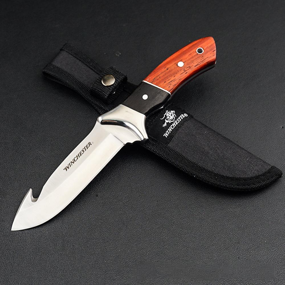 Fixed Blade Hunting Knife, 3.7-Inch Fixed Hook Blade with Notch, Full Tang Straight Edge and Gut Hook Blades,Perfect Grip pearwood Handle,with Sheath