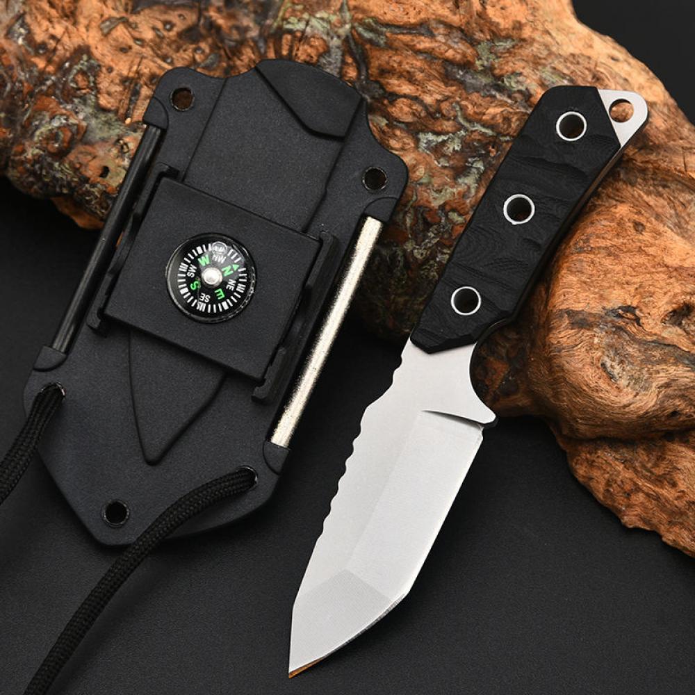 Full Tang Knife for Bushcraft Fishing Camping, 3CR13 Stainless Steel Fixed Blade, G10 Handle, Kydex Sheath with Fire Starter, Compass, Mirrors, Rope