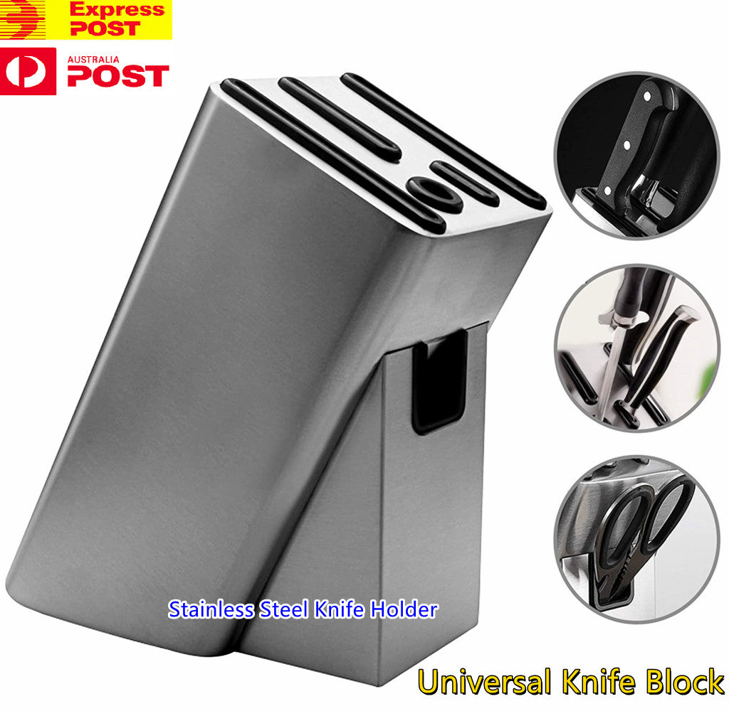 Stainless Steel Knife Holder- Universal Knife Block, 2 Tier Design with Scissors & Sharpening Rod-Slots,Space Saver - Holds 6 Tools Knife Storage