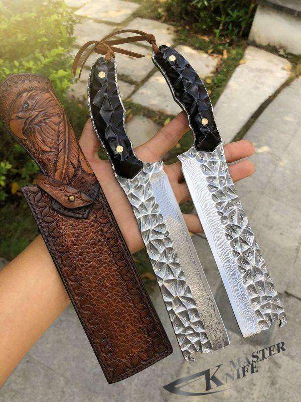 Handmade Damascus Steel Outdoor Knife Camping Hunting Chopper Leather Sheath - www.knifemaster.com.au