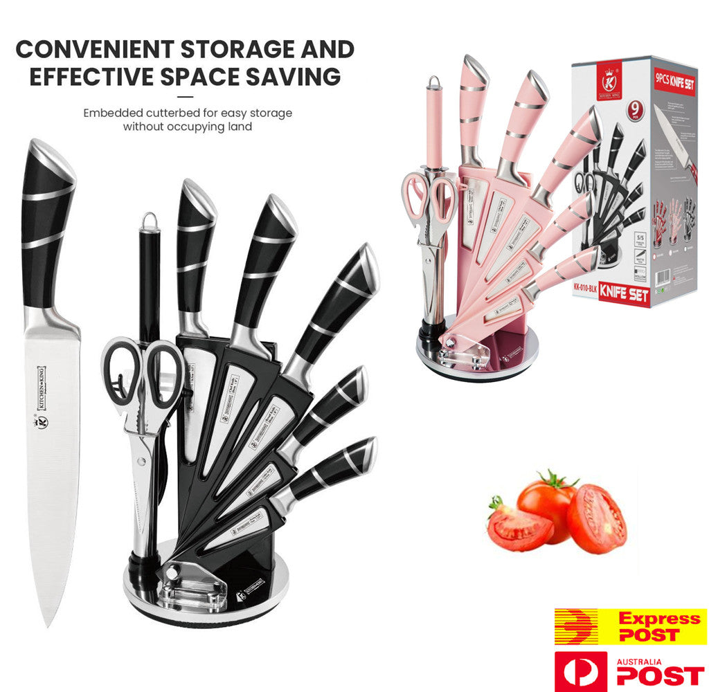 Kitchen Chef Knife Sharp 9 Piece Set, Premium Stainless Steel Knife Blade & Hollow Non-Slip Handle -360º Rotating Block Stand,Cooking Set (Pink/Black)