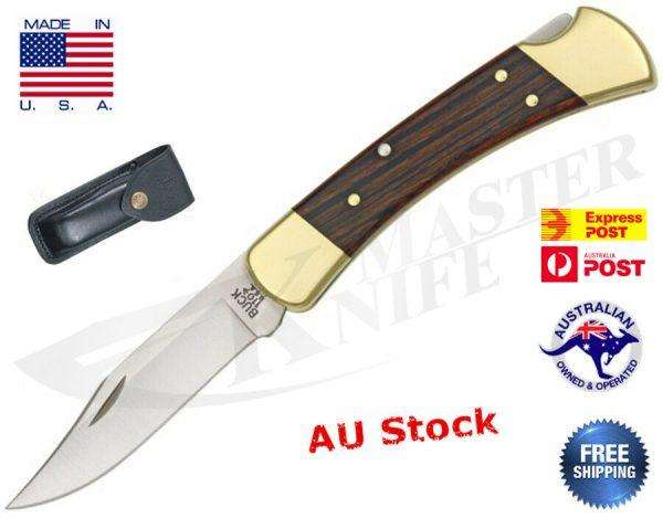 Genuine Buck 110 Folding Hunting Blade, Dymondwood Handle Leather Sheath USA - www.knifemaster.com.au
