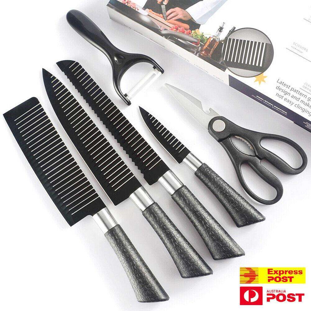 6-Piece Kitchen Tools Non-Stick Wave Pattern Knife Set with Black Blade - www.knifemaster.com.au